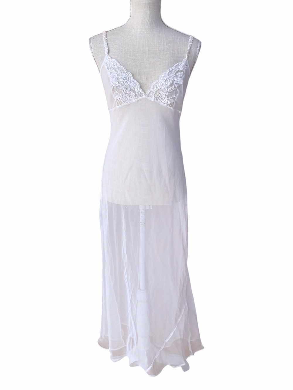 Vintage Fredericks of Hollywood White Sheer Maxi Slip Dress Sequin Lace S/M NWOT